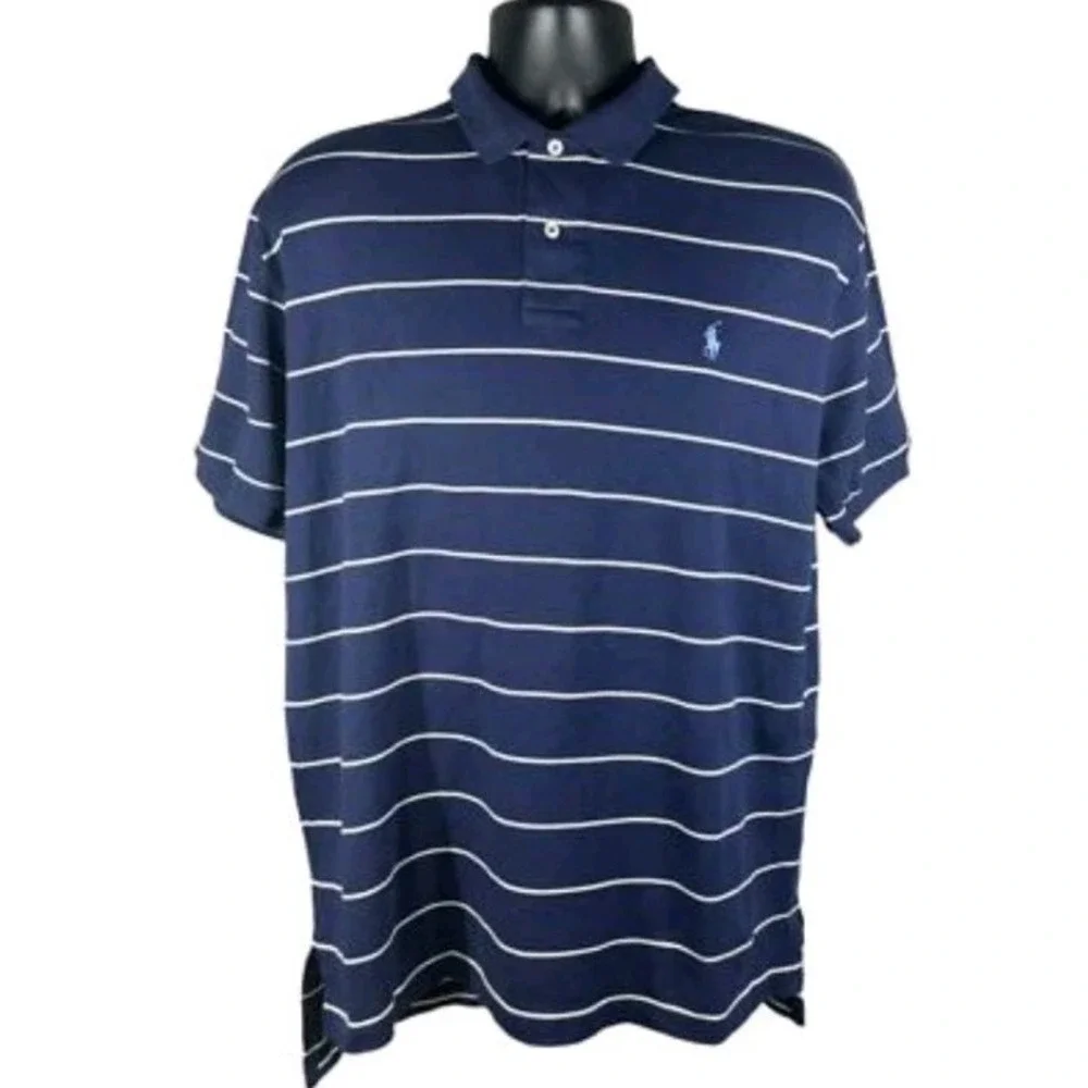 Ralph Lauren Mens Polo Knit Short Sleeve Cotton Blue Stripe‎ Logo Shirt Size Xl